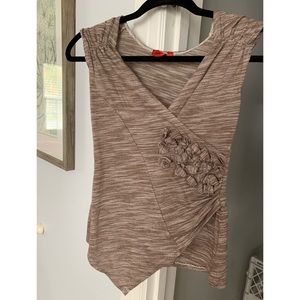 Dress style top that is brown and white.